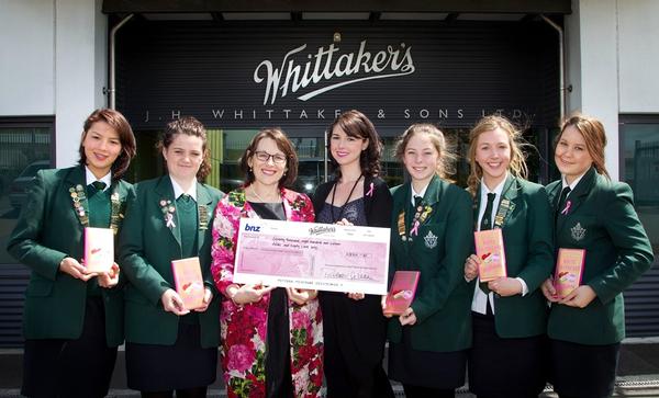 Marsden students Maddy Williams, Katie Fitzsimons, Ellie Cook, Claudia Beaumont, Morgan Archer  with Whittaker's Brand Manager Holly Whittaker (Center right) and Evangelia Henderson (Center left) Chief Executive of the New Zealand Breast Cancer Foundation.