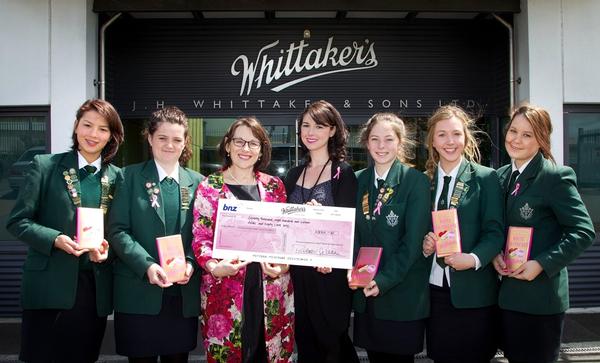 Marsden students Maddy Williams, Katie Fitzsimons, Ellie Cook, Claudia Beaumont, Morgan Archer  with Whittaker's Brand Manager Holly Whittaker (Center right) and Evangelia Henderson (Center left) Chief Executive of the New Zealand Breast Cancer Foundation.