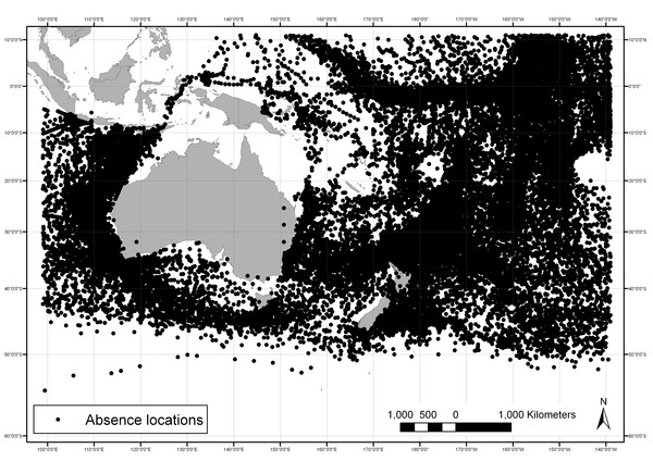 Daily locations of American whaling vessels when no whale was observed: 1820-1925