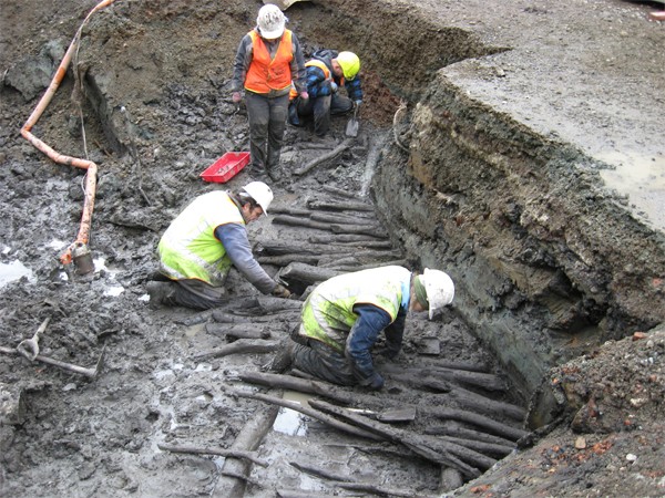 Corduroy track built across this area of muddy Dunedin