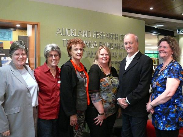 International speakers with Auckland Libraries Family History staff. From left Marie Hickey, Rosemary Kopittke, Dr Perry McIntyre, Shauna Hicks, Dr Richard Reid and Seonaid Lewis.