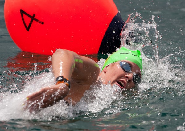Cara Baker in action in the State Insurance national 10km open water swimming championships on lake Taupo today