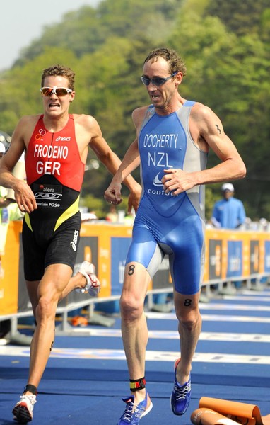 Bevan Docherty finishing at Tonyeong as he out sprints German Jan Frodeno