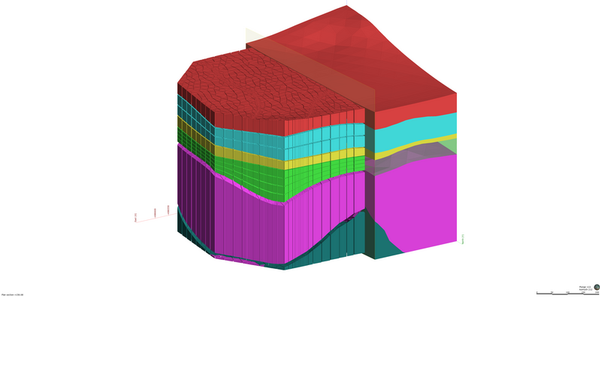 Geological model created in Leapfrog Hydro with FEFLOW simulation on left side.