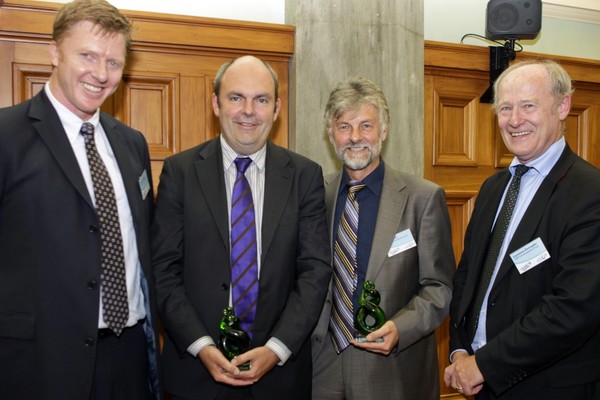 Kevin Ackhurst, Managing Director, Microsoft New Zealand; Hon Steven Joyce, Minister for Communications and Information Technology; Earl Mardle and Laurence Zwimpfer of the 2020 Communications Trust at the �Stepping UP:ICT for a better future� and the 100