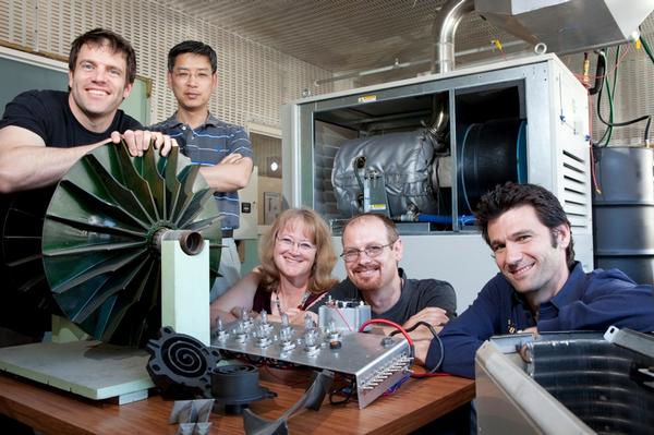From left to right - five of the UC green energy project team: Sid Becker, Hyung-Chul Jung, Susan Krumdieck, Mark Jermy and Mathieu Sellier.  