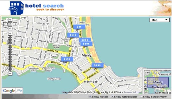 Travel website Cheaperthanhotels allow travellers to compare hotel prices and locations on a map at the same time.