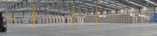 A panorama shot of the drystore at Fonterra Darfield showing pallets of whole milk powder awaiting export to China.