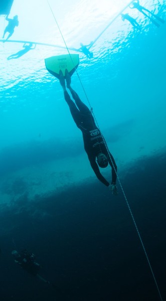 Will Trubridge (NZL) during his world record-breaking dive 116m in the free immersion discpline, at the Vertical Blue freediving competition on April 22, 2010.