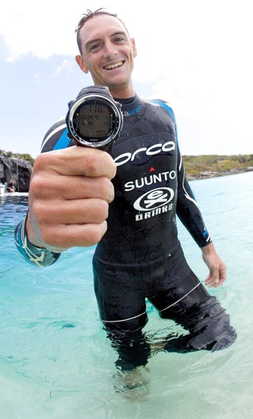 Will Trubridge (NZL) shows off his depth gauge after setting a new free immersion world record discipline at the Vertical Blue freediving competition on April 22, 2010. 