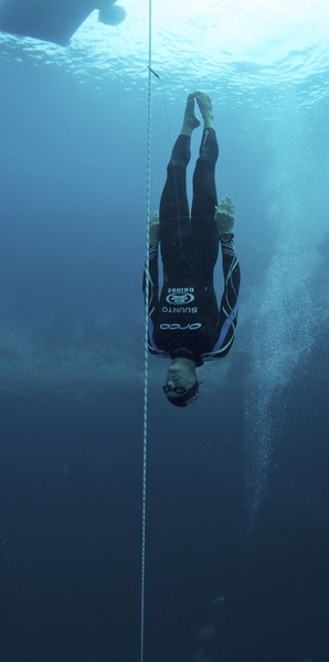 Will Trubridge (NZL) during his world record-breaking 95m dive in the constant weight, no fins (CNF) discpline, at the Vertical Blue freediving competition on April 26, 2010.