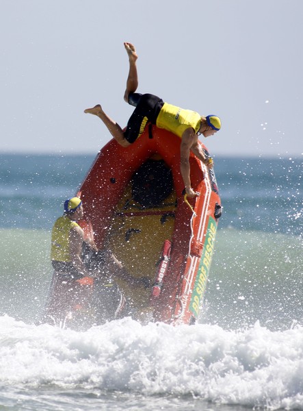 Bay of Plenty's under-19 IRB crew of Jason Watts (driving) and Jamie Banhidi hit trouble heading out off Mount Maunganui's Main Beach.