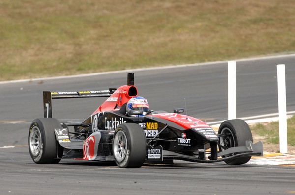 Wanganui's Earl Bamber in the VnC Cocktails Mad Butcher Toyota won today's first race of the of the 2010 Toyota Racing Series being held at Taupo.