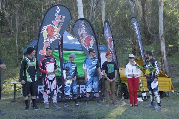 Elite Men's podium honoured by Lithgow's Mayor Hon. Maree Staham (l-r): Matthew Dodd (4), Graeme Mudd (2), Andrew Crimmins (1), Ben Cory (3), Cody Eichhorn (5), Mayor Statham and MC Paul King. 