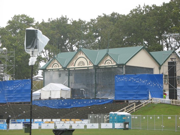 The stage is set to go in the Auckland Domain despite the rain