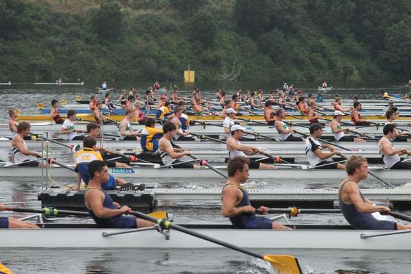 Men's Senior eights at Lake Karapiro today.