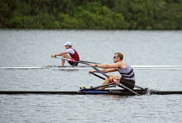 Mahe Drysdale heading Peter Taylor in today's first semi final of the men's Premier Single Sculls at the BankLink New Zealand Rowing Championships.