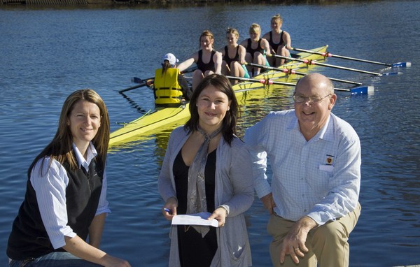 Nicky Coles (former rowing pairs world champion and Olympian, and Regional Coach Canterbury Rowing), Mel Seyfort (Meridian Sponsorship Manager), and John Wylie (South Island Rowing�s  Regional Manager in Canterbury) at Kerr�s Reach, with the Avonside Girl