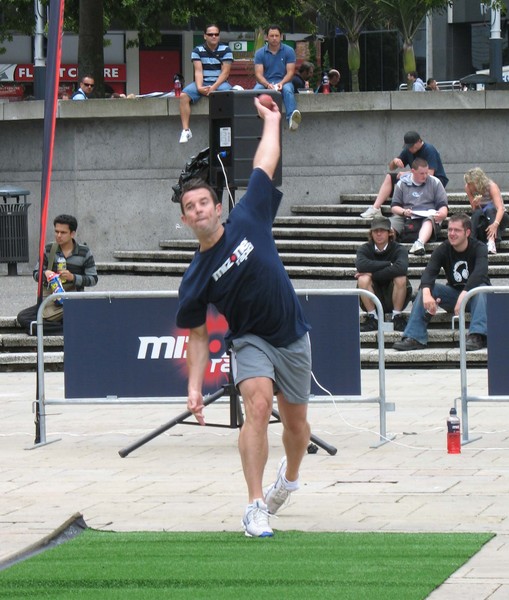 Tony Veitch puts his bowling skills to the test at the Mizone Rapid Ultimate Sports Presenter 2007 