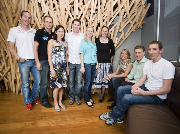 Elite athletes at the Tri NZ luncheon, L to R: Bevan Docherty, Kris Gemmell, Andrea Hewitt, Cam Brown, Debbie Tanner, Evelyn Williamson, Sam Warriner, Martin Van Barneveld, Shane Reed