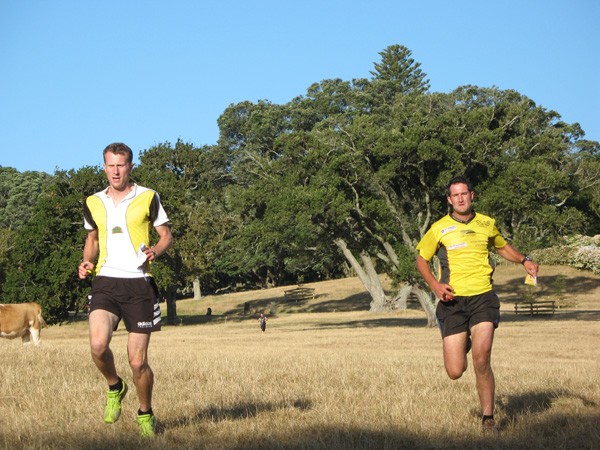 Bryn Davies, left, and Neil Kerrison compete in the Ultra Short Sprint race around One Tree Hill, Auckland