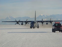 The RNZAF C130 taxis on arrival in Antarctica