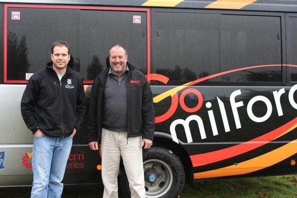 John Robson (R) of Southern Discoveries with Te Anau businessman Bryan McChlery (L)