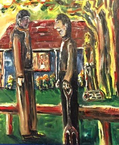 'Don't talk to your neighbours' oils on board, by Leon Aarts