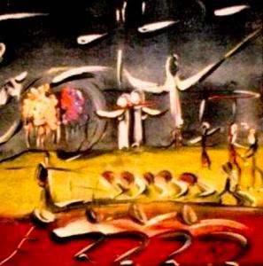 "Conquer fear, conquer failure 2" (Triptych), acrylics on canvas by Leon Aarts 