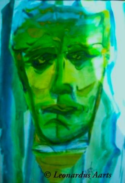'Mr Green (self portrait), the morning after the night before' Acrylics on paper, by Leon Aarts