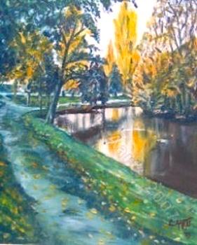 'Horseshoe Lake Road - (when I lived in Burwood, pre earthquakes) favourite spot to walk the dogs, acrylics on canvas (sold) by Leon Aarts (2007)