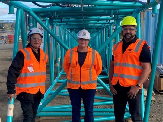 Pictured from left to right is TRT NZ Crane Sales Manager Dean Mcllroy, Fulton Hogan Plant and Fleet Manager Janice Watson, and TRT Crane Service Manager Elton Peterson. 