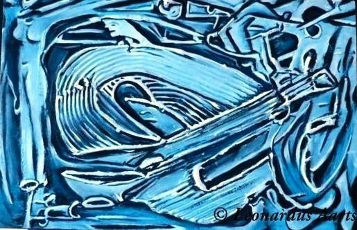 'Man Playing Mandolin', by Leon Aarts, mixed media, acrylics, on hardwood. (for sale)