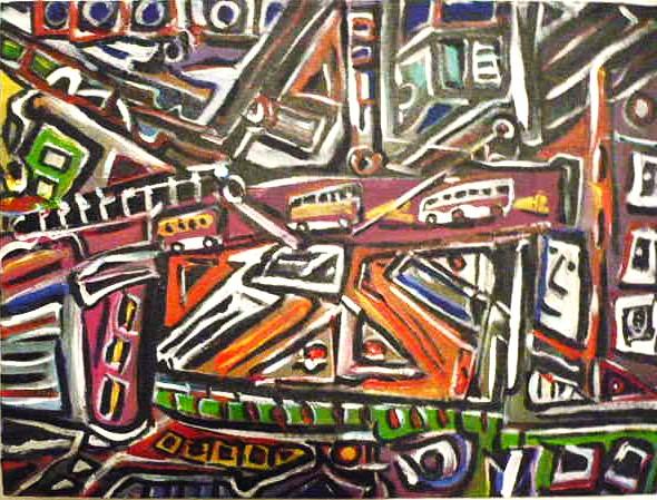 'Bus Lanes' acrylics on canvas by Leon Aarts