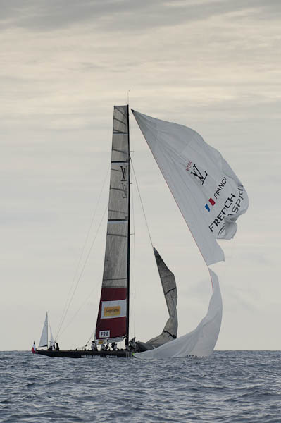 The French team ripped the gennaker on the hoist as they rounded the third mark
