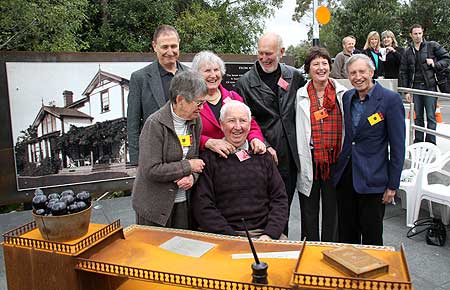 Charles Monro's descendants John Munro, Jane Kettles, Piera McArthur, Paul Munro (sitting), David Munro, Georgina Mellows and Neil Monro at the unveiling of the revamped memorial on the Manawatu campus.