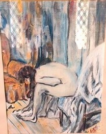 'Woman washing feet', acrylics on paper by Leon Aarts
