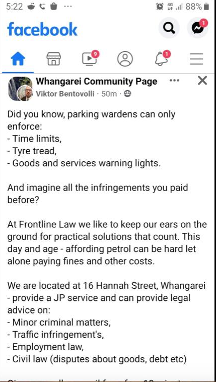 Facebook post published by Frontline Law Whangarei