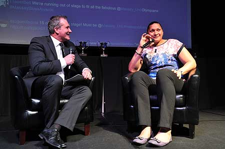 MC Hamish Mackay and Olympic gold medallist Valerie Adams.