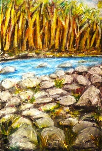 'Living Stream' by Leon Aarts, oil pastels on board.