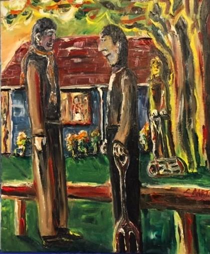 'Please do speak to your neighbours Jacinda' by Leon Aarts, in oils (2020)