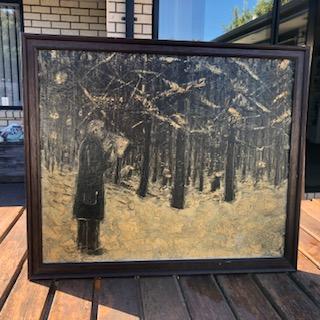 Nardus van de Ven painting in the forest plein air, oils on board, (collection of the Aarts family)