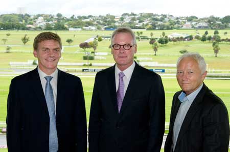 Finance Minister Bill English, Massey Vice-Chancellor Steve Maharey, Auckland Chamber of Commerce CEO Michael Barnett at Finance 2012.