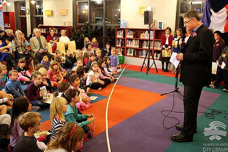 Professor Glyn Harper at the launch of his new children's book, Les Quesnoy: The story of the town New Zealand saved, at Palmerston North City Library on Friday.