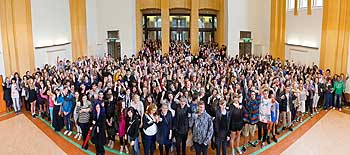 Creative Arts students and staff in the Museum Building's Great Hall at the Wellington campus.