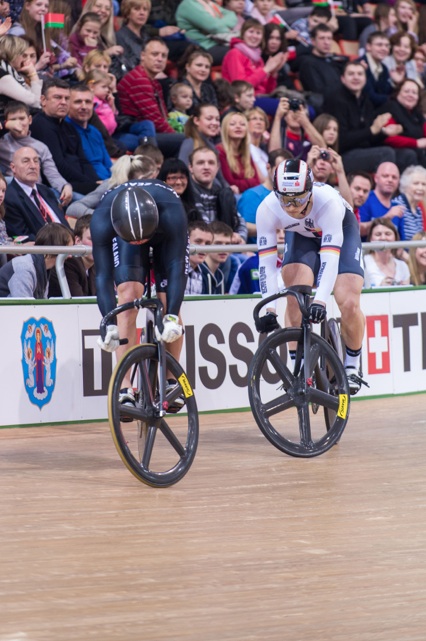 Sam Webster in a tactical battle at the UCI Track Cycling World Championships. 