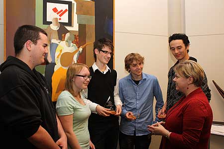 Manawatu winners Freyberg High School (left to right) Arron Gray, Samantha Fairbrother, Patrick Coley, Sam Neville, Kahn Wynyard with Vision Manawatu chief executive Elaine Reilly.