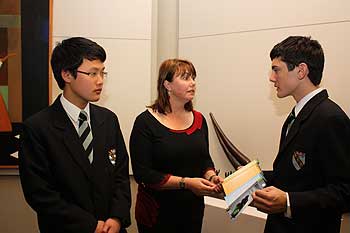 Minh Cao and Enzo Pearce with Trudy Christie of Wanganui District Council.