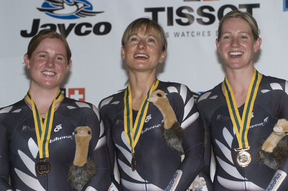 On the podium from left Kaytee Boyd, Lauren Ellis and Alison Shanks