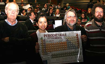 Botany Downs College student Joevy Lim with (from left) Associate Professor Al Nielson, Professor Peter Schwerdtfeger and Dr John Harrison at the chemistry master class.